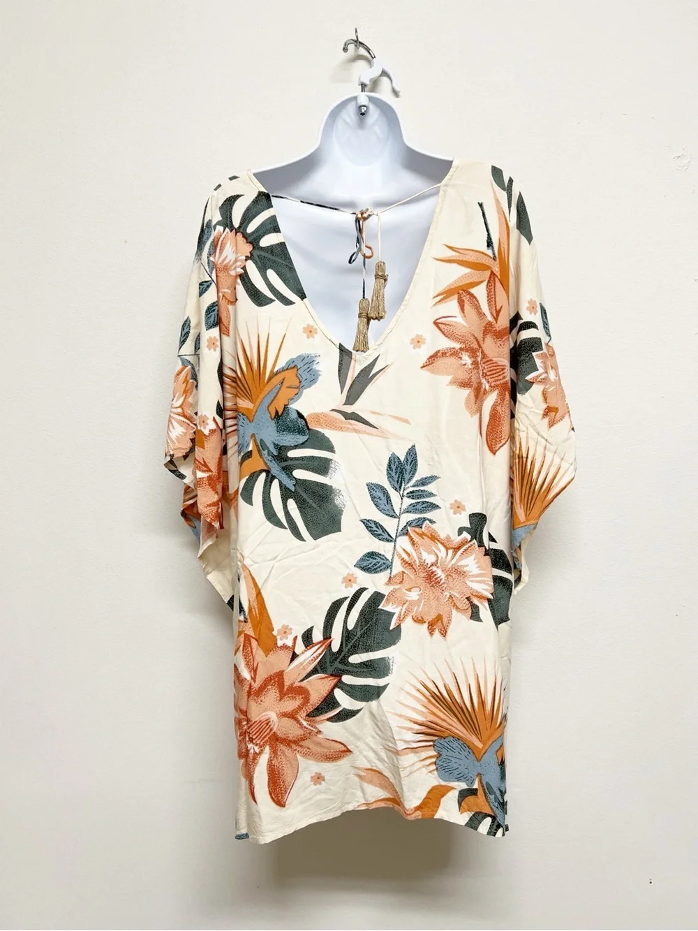 Z & L Womens Tropical Palm Print Shell Beaded Coverup Kaftan Tunic Size Medium